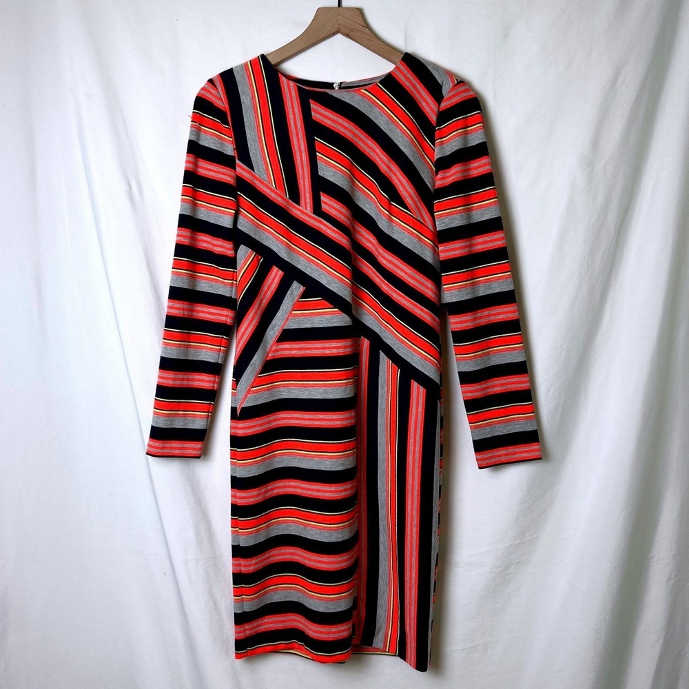 ECI Womens Striped Long Sleeve Sheath Dress Size 6 Navy Orange Multi Mod NEW
